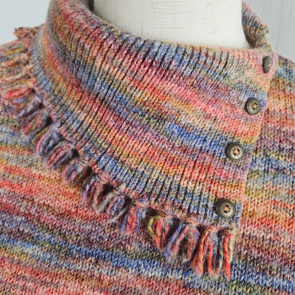 Rainbow Marled Fringe Neck Wool Blend Sweater M Button Cowl - Picture 4 of 11